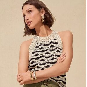 LOFT Two Tone Crochet Chevron Ribbed Halter Sweater Black/Cream Size XL